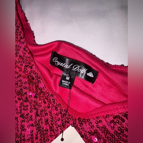 Crystal Doll NWT Size M Pink Sequin Kendell One Shoulder Long Sleeve Mini Dress - Picture 7 of 10